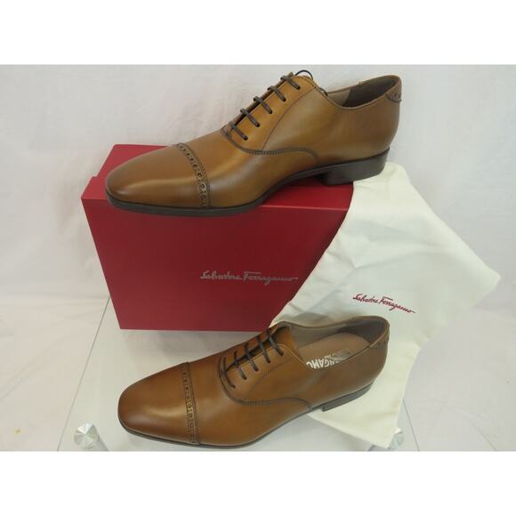 NIB FERRAGAMO BOSTON BROWN TAN AMBRE BROGUE LEATHER GANCINI BIT OXFORDS 8.5 D - Picture 2 of 12